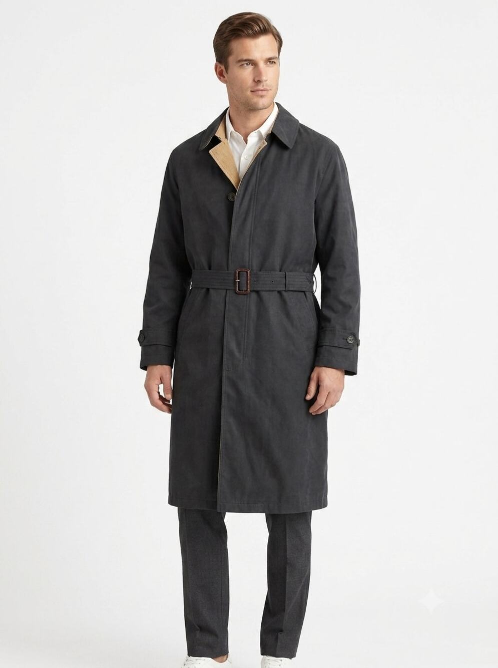 Lauren Ralph Lauren Belted Trench Coat Mens 40R Black Tencel Removable Liner